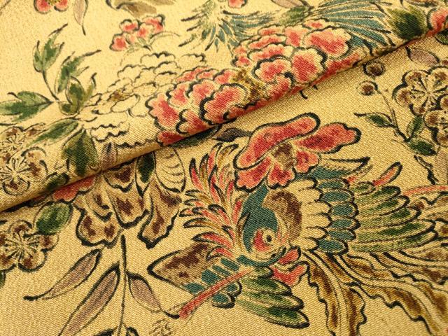 平和屋着物▼上質な小紋 手描き 花鳥文 鬼しぼ縮緬 ロング丈 正絹 逸品 DABB1619fe