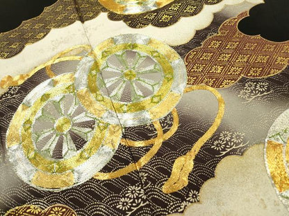 平和屋着物▼豪華黒留袖 駒刺繍 源氏車 金銀糸 正絹 逸品 DABB1632fe