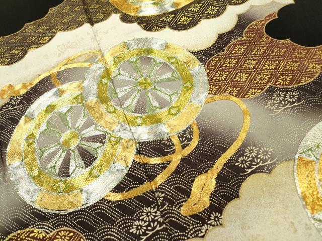 平和屋着物▼豪華黒留袖 駒刺繍 源氏車 金銀糸 正絹 逸品 DABB1632fe