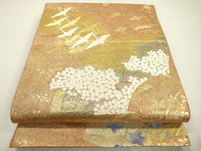 平和屋着物▼京の名門 じゅらく謹製 佐賀錦 六通柄袋帯 花鳥扇面図 金糸 正絹 逸品 DABB1693fe