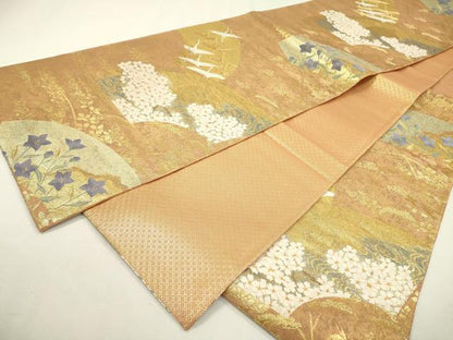 平和屋着物▼京の名門 じゅらく謹製 佐賀錦 六通柄袋帯 花鳥扇面図 金糸 正絹 逸品 DABB1693fe
