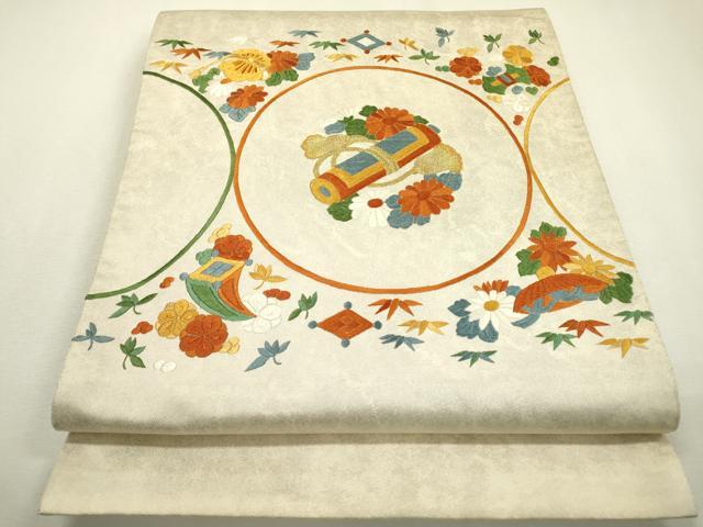 平和屋着物▼太鼓柄袋帯 総刺繍 宝尽くし丸文 金糸 正絹 逸品 DABB1817fe