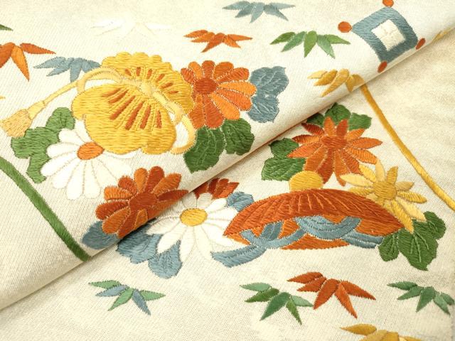 平和屋着物▼太鼓柄袋帯 総刺繍 宝尽くし丸文 金糸 正絹 逸品 DABB1817fe