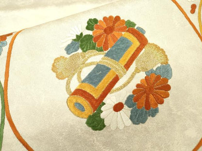 平和屋着物▼太鼓柄袋帯 総刺繍 宝尽くし丸文 金糸 正絹 逸品 DABB1817fe