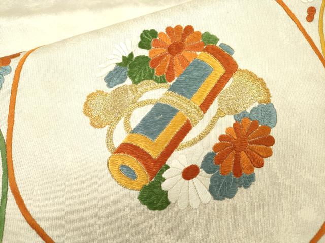 平和屋着物▼太鼓柄袋帯 総刺繍 宝尽くし丸文 金糸 正絹 逸品 DABB1817fe