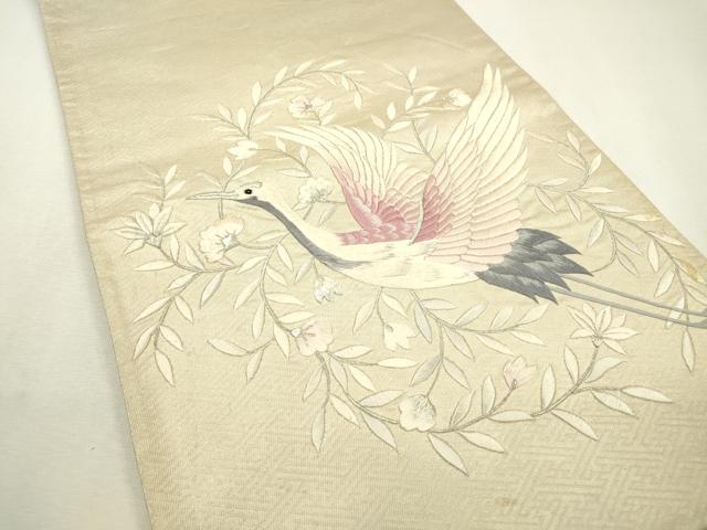 平和屋着物▽太鼓柄袋帯 総刺繍 飛鶴花文 銀糸 正絹 逸品