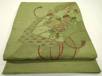平和屋着物●中国三大刺繍　スワトウ刺繍　汕頭刺繍　相良刺繍　蘇州刺繍　総刺繍　太鼓柄袋帯　紬地　地紙花文　正絹　逸品　DABB1846fe