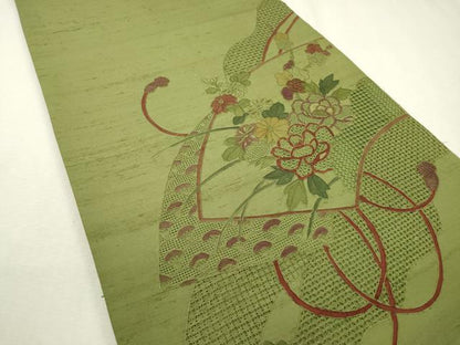 平和屋着物●中国三大刺繍　スワトウ刺繍　汕頭刺繍　相良刺繍　蘇州刺繍　総刺繍　太鼓柄袋帯　紬地　地紙花文　正絹　逸品　DABB1846fe