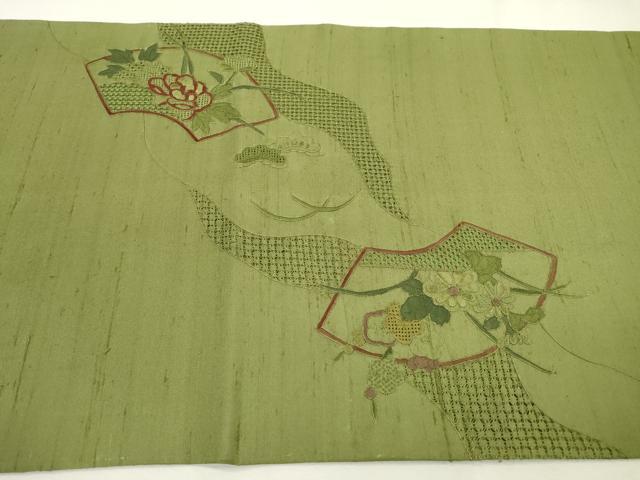 平和屋着物●中国三大刺繍　スワトウ刺繍　汕頭刺繍　相良刺繍　蘇州刺繍　総刺繍　太鼓柄袋帯　紬地　地紙花文　正絹　逸品　DABB1846fe