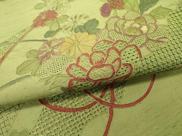 平和屋着物●中国三大刺繍　スワトウ刺繍　汕頭刺繍　相良刺繍　蘇州刺繍　総刺繍　太鼓柄袋帯　紬地　地紙花文　正絹　逸品　DABB1846fe