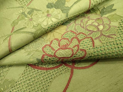平和屋着物●中国三大刺繍　スワトウ刺繍　汕頭刺繍　相良刺繍　蘇州刺繍　総刺繍　太鼓柄袋帯　紬地　地紙花文　正絹　逸品　DABB1846fe