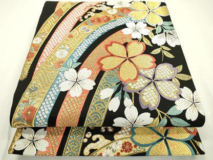 平和屋着物●六通柄袋帯 唐織 枝垂れ桜 黒地 金銀糸 正絹 逸品 DABB1861fe