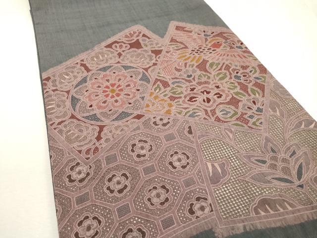 平和屋着物●中国三大刺繍 スワトウ刺繍 汕頭刺繍 相良刺繍 総刺繍 太鼓柄袋帯 紬地 色紙重ね更紗花鳥文 正絹 逸品 DABB1898fe
