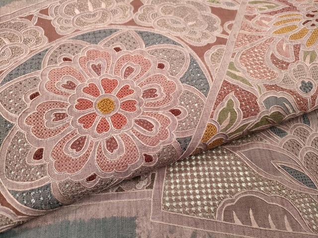 平和屋着物●中国三大刺繍 スワトウ刺繍 汕頭刺繍 相良刺繍 総刺繍 太鼓柄袋帯 紬地 色紙重ね更紗花鳥文 正絹 逸品 DABB1898fe