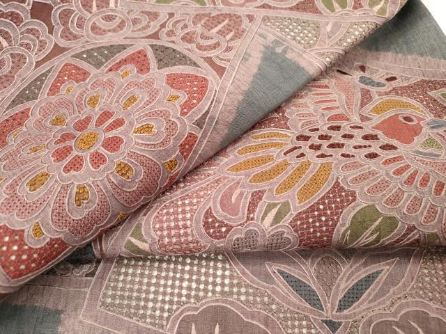 平和屋着物●中国三大刺繍 スワトウ刺繍 汕頭刺繍 相良刺繍 総刺繍 太鼓柄袋帯 紬地 色紙重ね更紗花鳥文 正絹 逸品 DABB1898fe