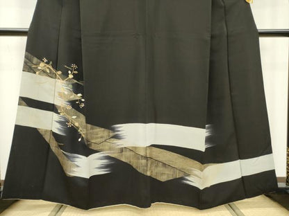 平和屋着物▼訪問着 竹屋町刺繍 吹き寄せ枝花文 暈し染 黒地 金銀糸 正絹 逸品 DABB1916fe