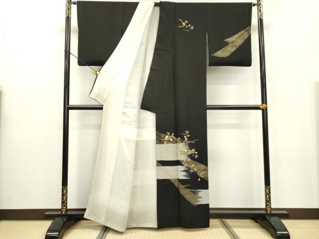 平和屋着物▼訪問着 竹屋町刺繍 吹き寄せ枝花文 暈し染 黒地 金銀糸 正絹 逸品 DABB1916fe