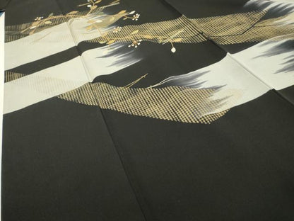 平和屋着物▼訪問着 竹屋町刺繍 吹き寄せ枝花文 暈し染 黒地 金銀糸 正絹 逸品 DABB1916fe