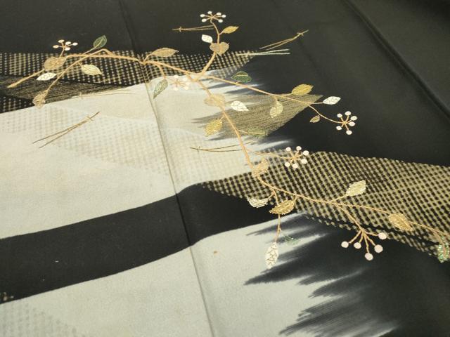 平和屋着物▼訪問着 竹屋町刺繍 吹き寄せ枝花文 暈し染 黒地 金銀糸 正絹 逸品 DABB1916fe