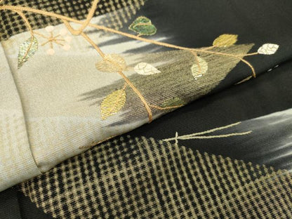 平和屋着物▼訪問着 竹屋町刺繍 吹き寄せ枝花文 暈し染 黒地 金銀糸 正絹 逸品 DABB1916fe
