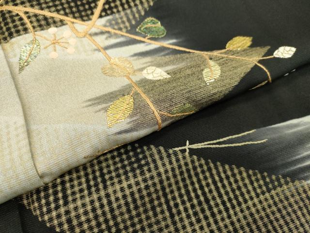 平和屋着物▼訪問着 竹屋町刺繍 吹き寄せ枝花文 暈し染 黒地 金銀糸 正絹 逸品 DABB1916fe