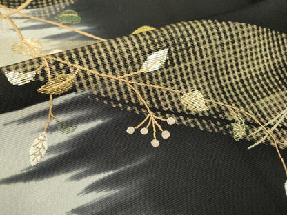 平和屋着物▼訪問着 竹屋町刺繍 吹き寄せ枝花文 暈し染 黒地 金銀糸 正絹 逸品 DABB1916fe