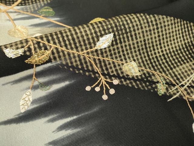 平和屋着物▼訪問着 竹屋町刺繍 吹き寄せ枝花文 暈し染 黒地 金銀糸 正絹 逸品 DABB1916fe