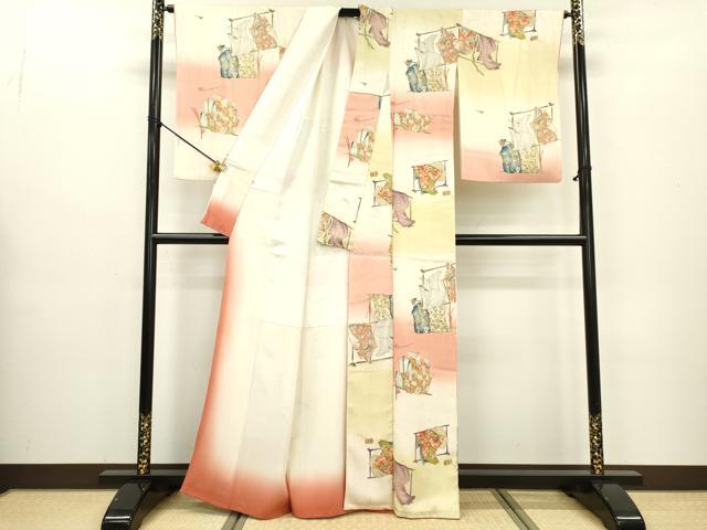 平和屋着物▼上質な小紋　誰が袖花文　暈し染　金彩　正絹　逸品　DABB1941fe