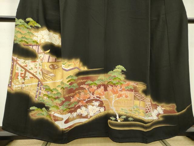 平和屋着物▼豪華黒留袖　駒刺繍　几帳花松文　金彩　伊勢丹扱い　正絹　逸品　DABB1954fe