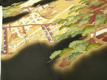 平和屋着物▼豪華黒留袖　駒刺繍　几帳花松文　金彩　伊勢丹扱い　正絹　逸品　DABB1954fe