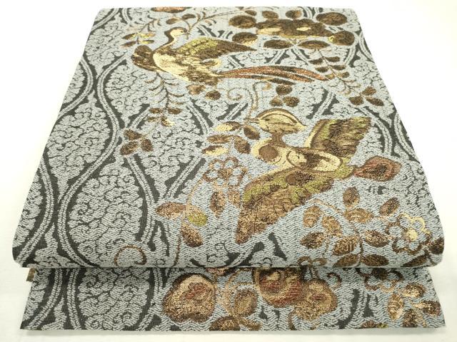 平和屋着物▽両面 六通柄袋帯 スリーシーズン 春夏秋 花喰い鳥 金糸 正絹 逸品 DABB1987fe