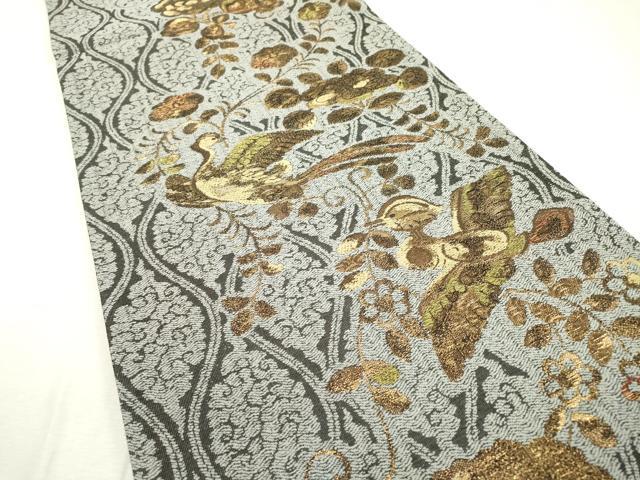 平和屋着物▽両面 六通柄袋帯 スリーシーズン 春夏秋 花喰い鳥 金糸 正絹 逸品 DABB1987fe