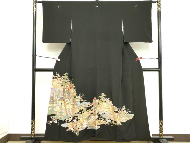 平和屋着物■豪華黒留袖　駒刺繍　御所車花文　金彩　正絹　逸品　DABB2181cd