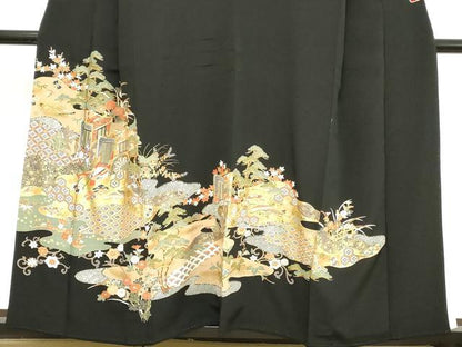 平和屋着物■豪華黒留袖　駒刺繍　御所車花文　金彩　正絹　逸品　DABB2181cd