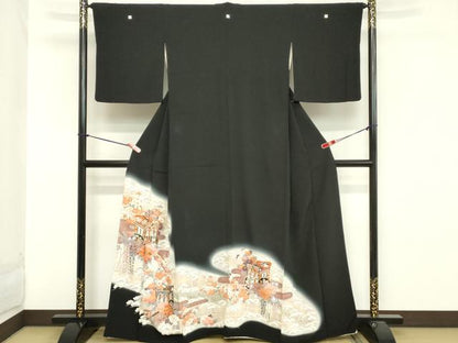 平和屋着物■豪華黒留袖　駒刺繍　御所車花文　暈し染め　金彩　正絹　逸品　DABB2186cd