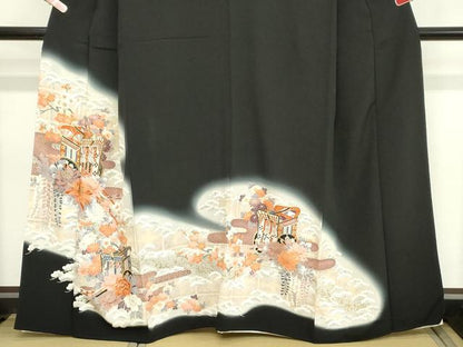 平和屋着物■豪華黒留袖　駒刺繍　御所車花文　暈し染め　金彩　正絹　逸品　DABB2186cd