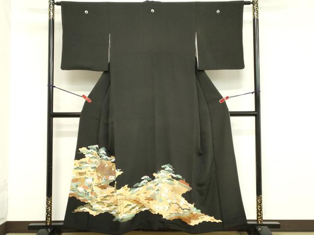平和屋着物■豪華黒留袖　駒刺繍　渡橋風景文　暈し染め　金彩　正絹　逸品　DABB2188cd