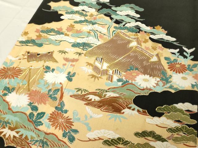 平和屋着物■豪華黒留袖　駒刺繍　渡橋風景文　暈し染め　金彩　正絹　逸品　DABB2188cd