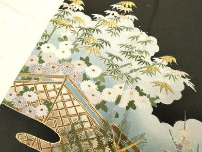 平和屋着物■豪華黒留袖　刺繍　草花文　暈し染め　金彩　正絹　逸品　DABB2264cd