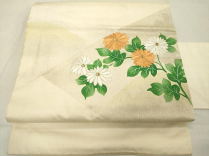 平和屋着物◎九寸名古屋帯　刺繍　草花文　金糸　正絹　逸品　DABB2294cd