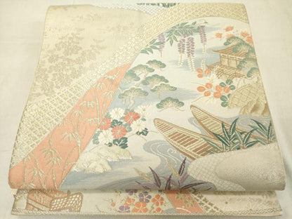 平和屋着物◎六通柄袋帯 唐織 風景文 金銀糸 正絹 逸品 DABB2307cd