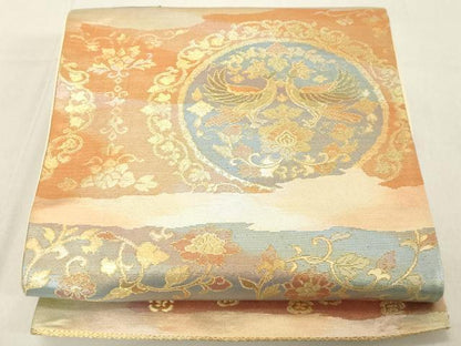 平和屋着物◎六通柄袋帯 双蝶花丸文 金糸 正絹 逸品 DABB2327cd