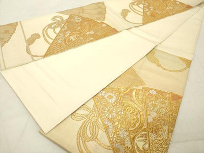 平和屋着物◎六通柄袋帯　檜扇吉祥文　金糸　正絹　逸品　DABB2333cd
