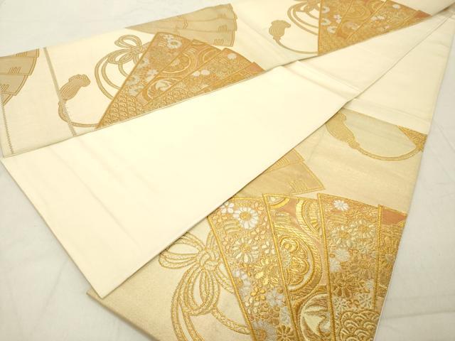 平和屋着物◎六通柄袋帯　檜扇吉祥文　金糸　正絹　逸品　DABB2333cd