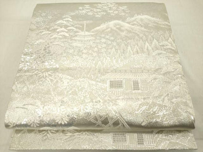 平和屋着物◎六通柄袋帯　風景文　プラチナ銀箔二重織　正絹　逸品　DABB2371cd