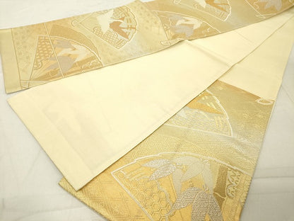 平和屋着物◎六通柄袋帯　檜扇飛鶴笹竹文　金銀糸　正絹　逸品　DABB2391cd