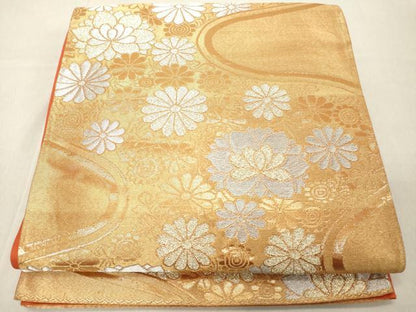 平和屋着物◎六通柄袋帯　流水花文　金銀糸　正絹　逸品　DABB2397cd