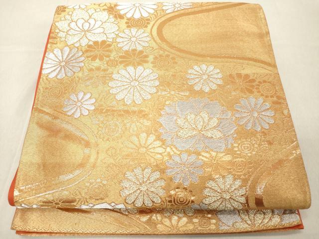 平和屋着物◎六通柄袋帯　流水花文　金銀糸　正絹　逸品　DABB2397cd