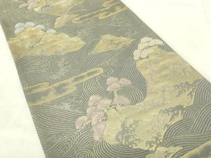 平和屋着物◎六通柄袋帯　遠山風景文　金糸　正絹　逸品　DABB2590qp