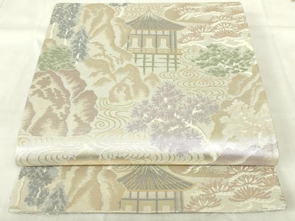 平和屋着物◎佐賀錦　六通柄袋帯　遠山風景文　金銀糸　正絹　逸品　DABB2599qp